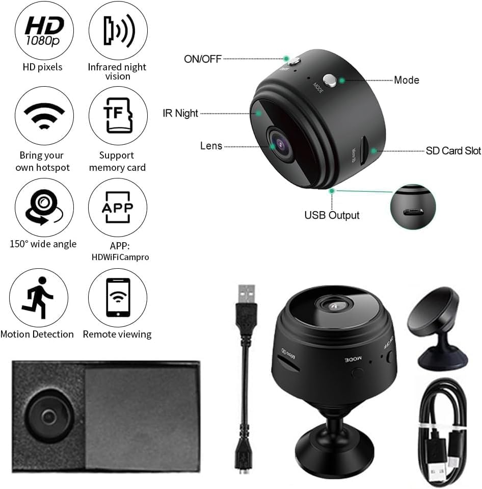 Diagram showing the mini camera's components like lens, SD card slot, USB port, and buttons, alongside included accessories like the USB cable and magnetic mount.
