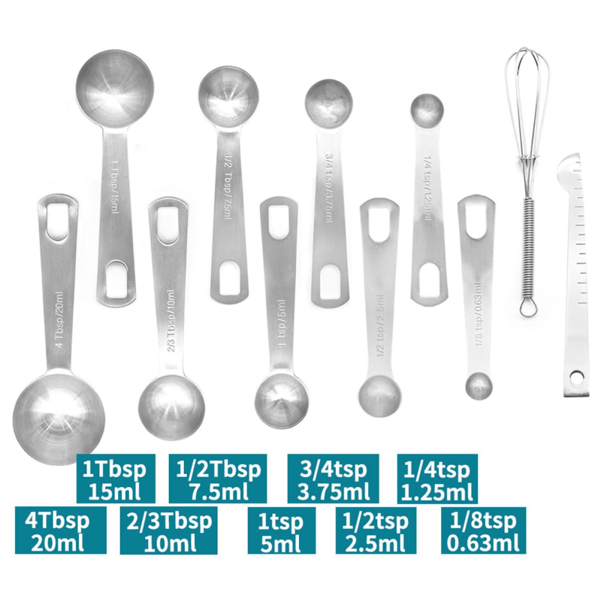 Juego de Cucharas Medidoras Convenientes para Almacenar y Transportar 11 Piezas Redondas de Acero Inoxidable Plateadas para Utensilios de Cocina