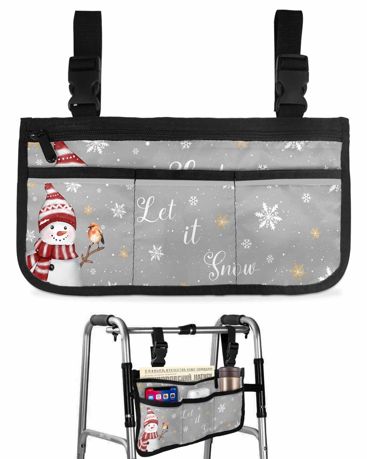 Christmas Wheelchair Side Storage Bag Snowman White Gold Snowflake Branch Bird Gray Armrest Pouch with Cup Holder and Reflective Strip Wheelchair Accessories Organizer Bags for Walkers Rollator