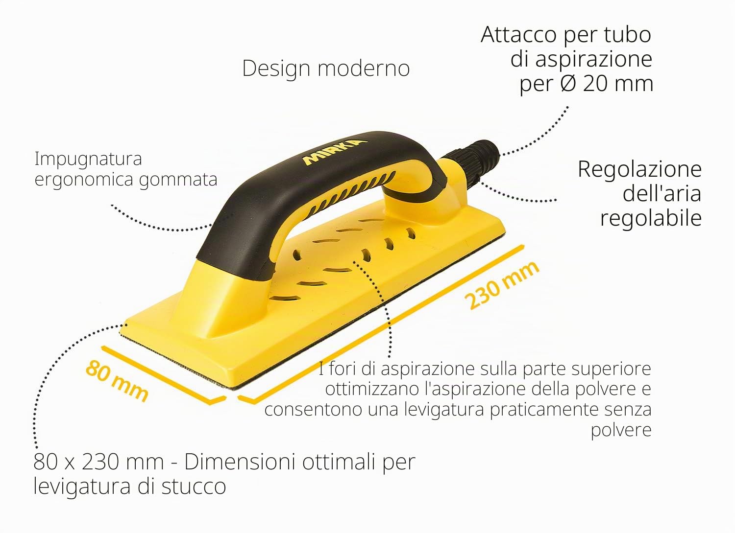 Mirka Levigatrice manuale con a strappo e aspirazione per strisce di levigatura 80x230 mm, blocco di levigatura per la levigatura di stucco, intonaco, legno, levigatura senza polvere, 8391200111