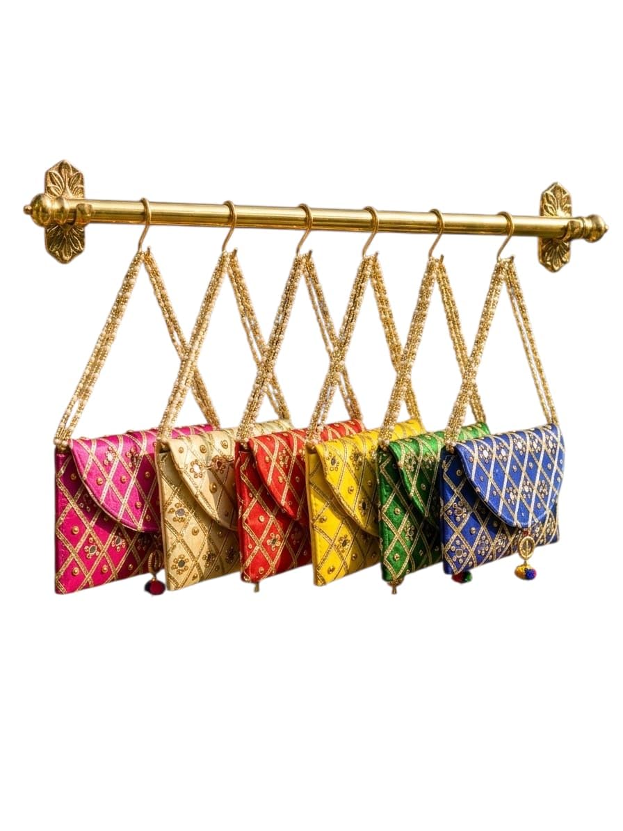 Traditional Rajasthani Embroidered Clutch Purses – Pack of 6 | Beaded Handle | Wedding & Festive Gift Set Pearl handle Button/Inside zipped pocket-image-27