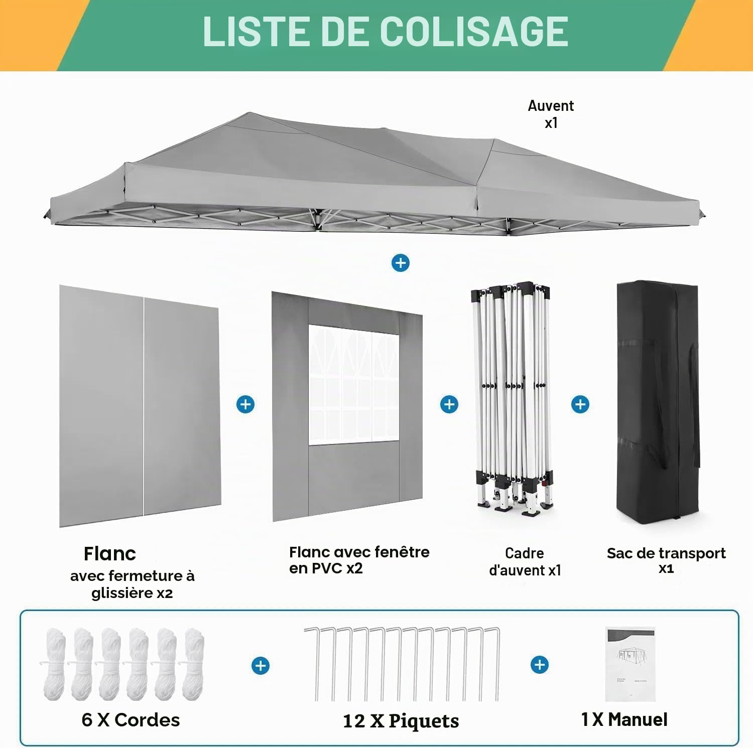 COBIZI Tonnelle Pliante 3 x 6 m étanche et Stable - Tente de réception d'extérieur 3 x 6 m avec 6 parois latérales - Anti-UV - pour Mariage, extérieur, Jardin, fête, marché (Gris)