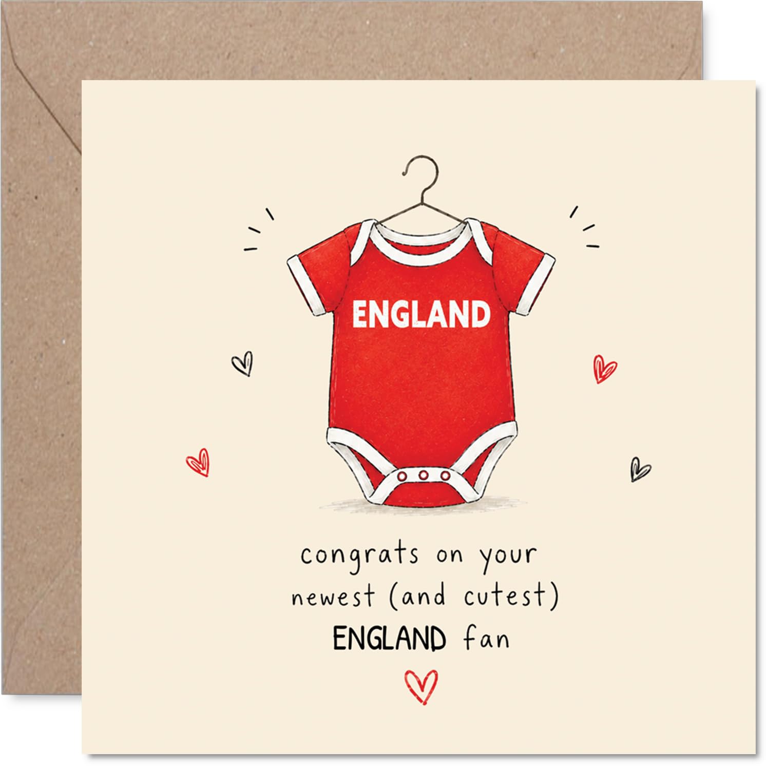 Cute New Baby Card for England Fans - Welcome Your Little One to the Team - Hand-drawn Red England Baby Onesie with Heart Doodles - 145mm Square, Envelope Included