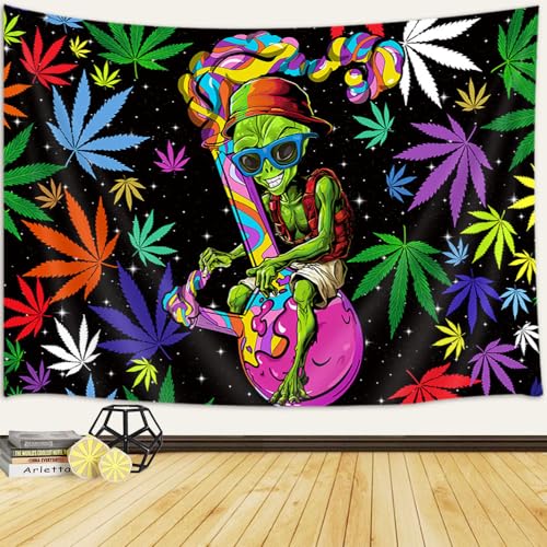 Viajar Trippy Weed Marijuana Tapestry Cool Alien Marijuana Leaf Tapestry for Bedroom Psychedelic Tie Dye Stoner Tapestries for Men Weed Aesthetic Hippie Wall Art Poster for Dorm (60X40 Inch) Multi