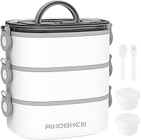 Vista 11 de Lonchera apilable de 3 capas, caja Bento portátil de 94 onzas de gran capacidad a prueba de fugas con cuchara, tenedor y cajas de salsa, lonchera