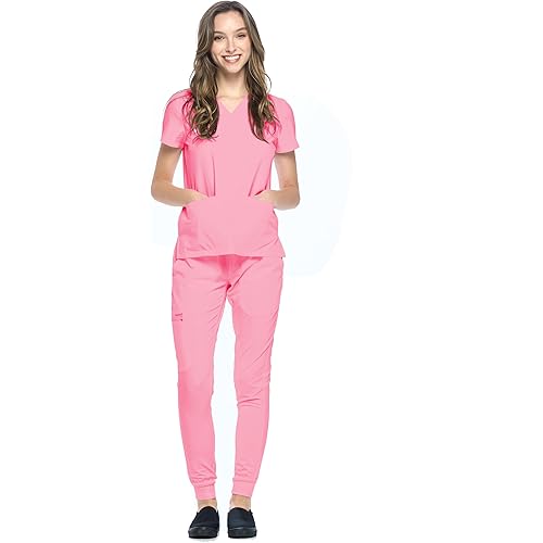 Dagacci Medical Uniform® Jogger Scrubs for Women Set – V-Neck Scrub Top & Elastic Jogger Scrub Pants for Women 8 Pockets