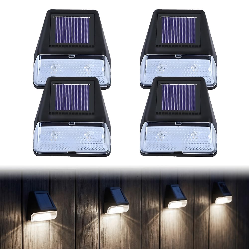 WRQIOO 4 Pack Fence Post Solar Lights, Wall Solar Lights Outdoor, Warm White So-lar Garden Fence Lig-hts, Waterproof So-lar Rock Post L-ights for Post, Deck Step, Patio, Backyard, Yard