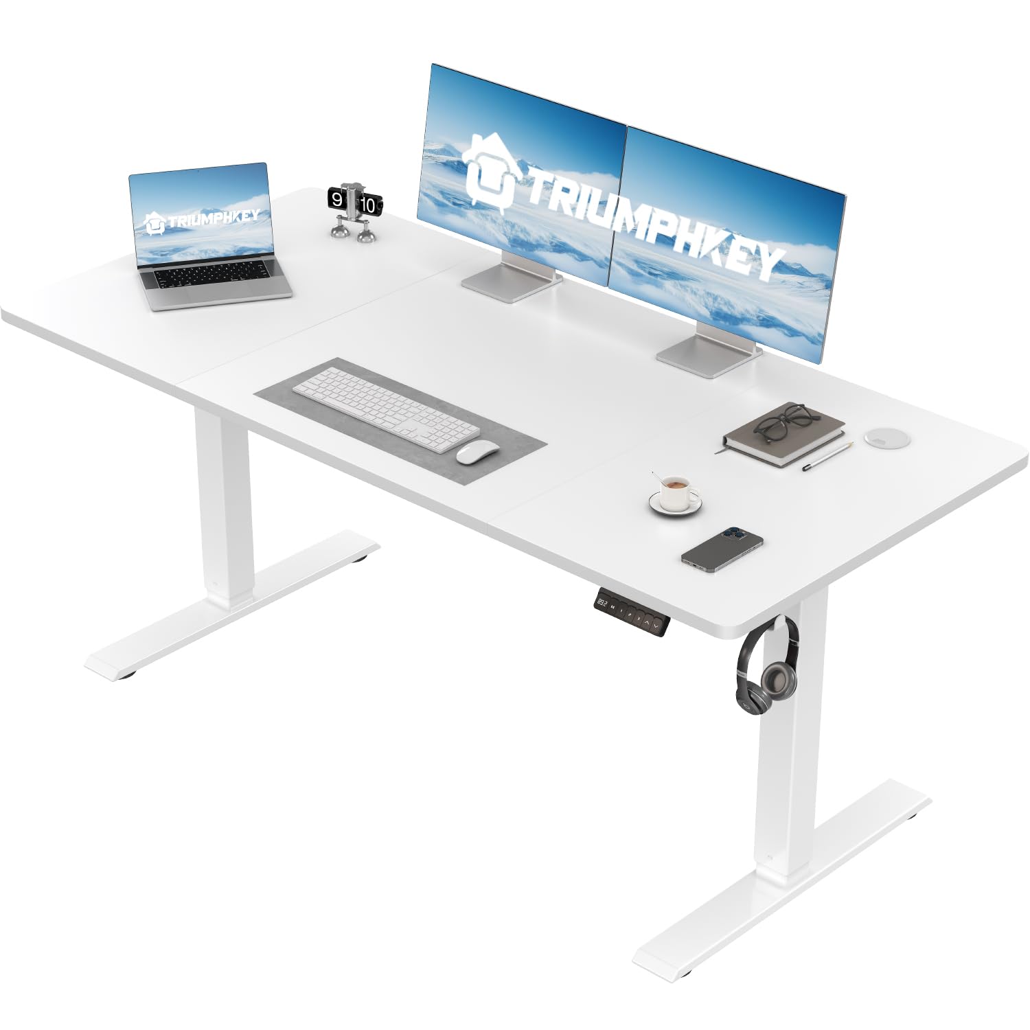 TRIUMPHKEY Height Adjustable Electric Standing Desk 130 x 60cm with Memory Smart Pannel Sit Stand Desk with Backpack Hook Stand Up Study Table Work Table for Home Office(White)