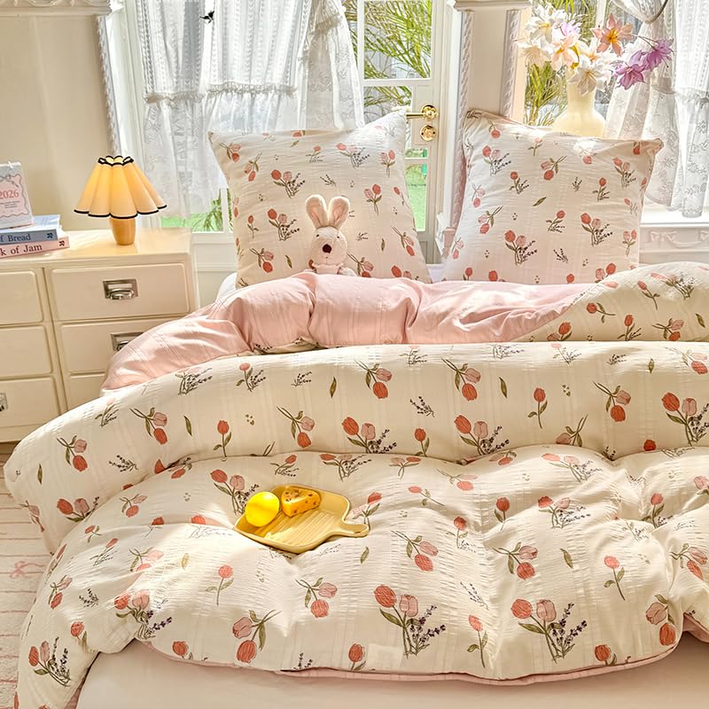 Joanna&Seasons-Housse de Couette 240x220 Fleurs Tulipe Beige,Vintage Parure de Lit Adult Motif Floral et Seersucker- Linge de Lit 2 Personnes en Microfibre avec Taies d'oreiller 65x65 cm