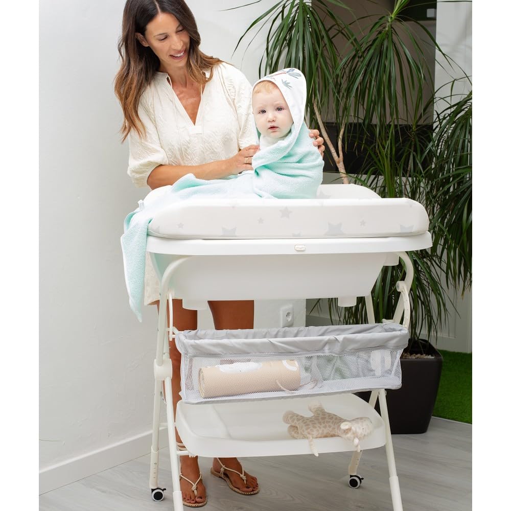 Interbaby Bañera Bebé Cambiador Plegable Patas, Ruedas, Hamaca (Dino) | Bañera con cambiador 2 en 1, hamaca anatómica extraíble, patas antideslizantes, altura ergonómica, portátil