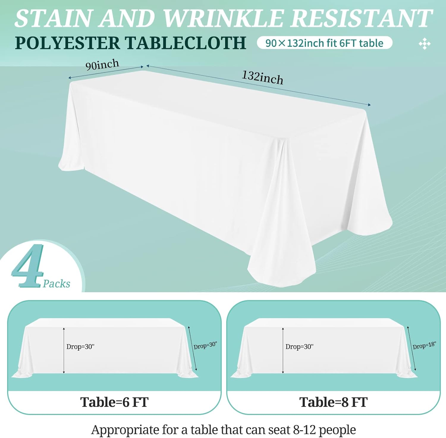 4 pack white tablecloths for 8ft rectangle tables 90 x 132 inch - polyester table cover stain and wrinkle resistant washable fabric table clothes for wedding party banquet reception restaurant white 4 pack 90 x 132 inch