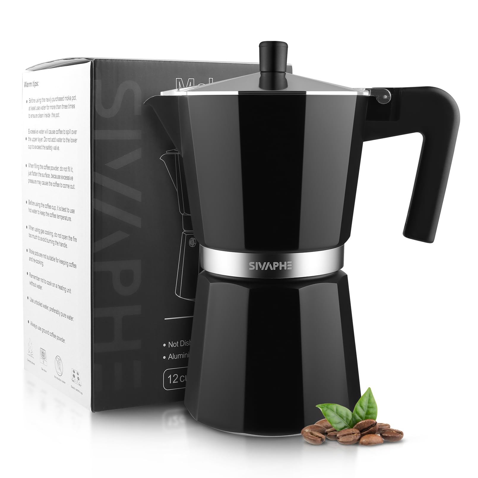Sivaphe Stovetop Coffee Maker 3/6/9 Cups, Aluminium Moka Pot Italian Espresso Maker with Heat-Resistant Handle (Black, 12 cups)