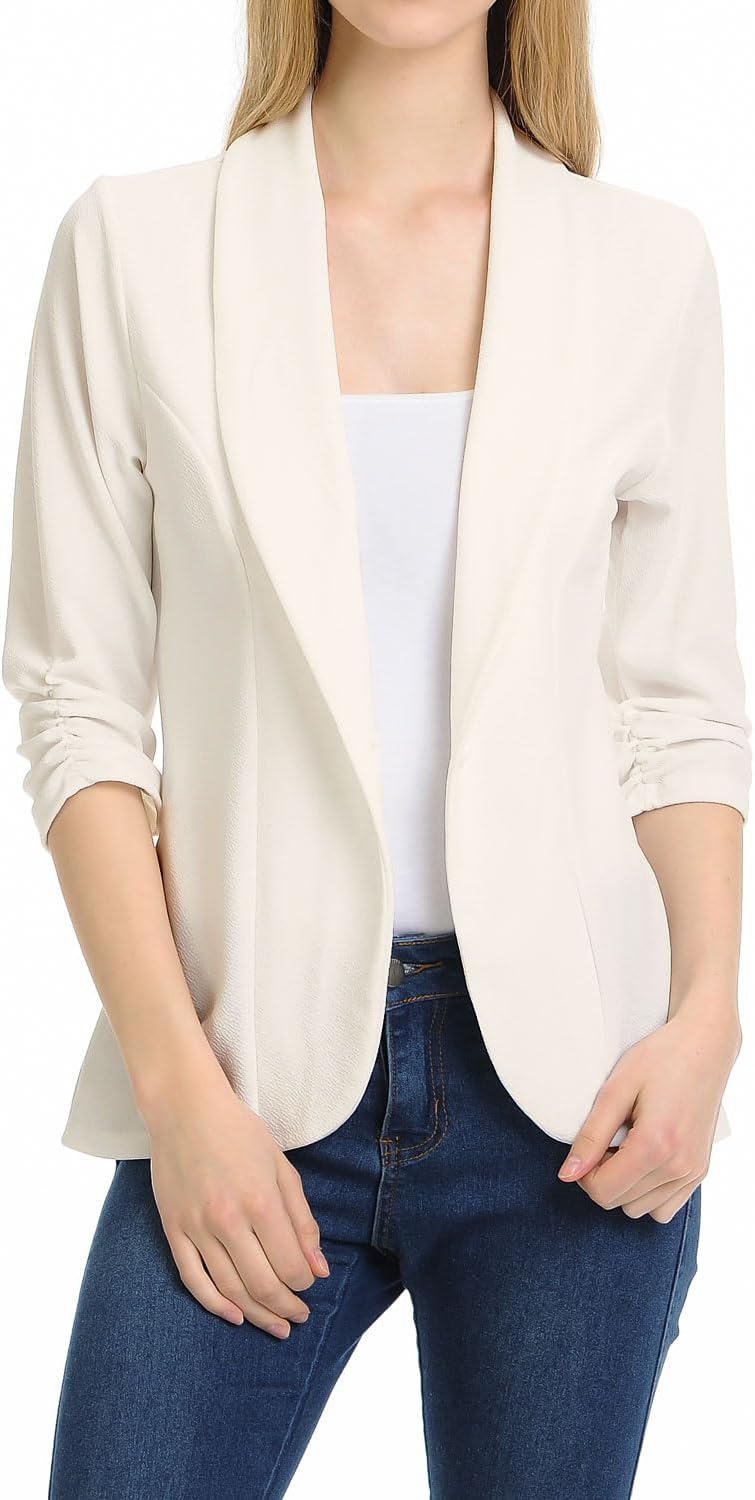 MINEFREEWomen's 3/4 Ruched Sleeve Lightweight Work Office Blazer Jacket (S-3XL)