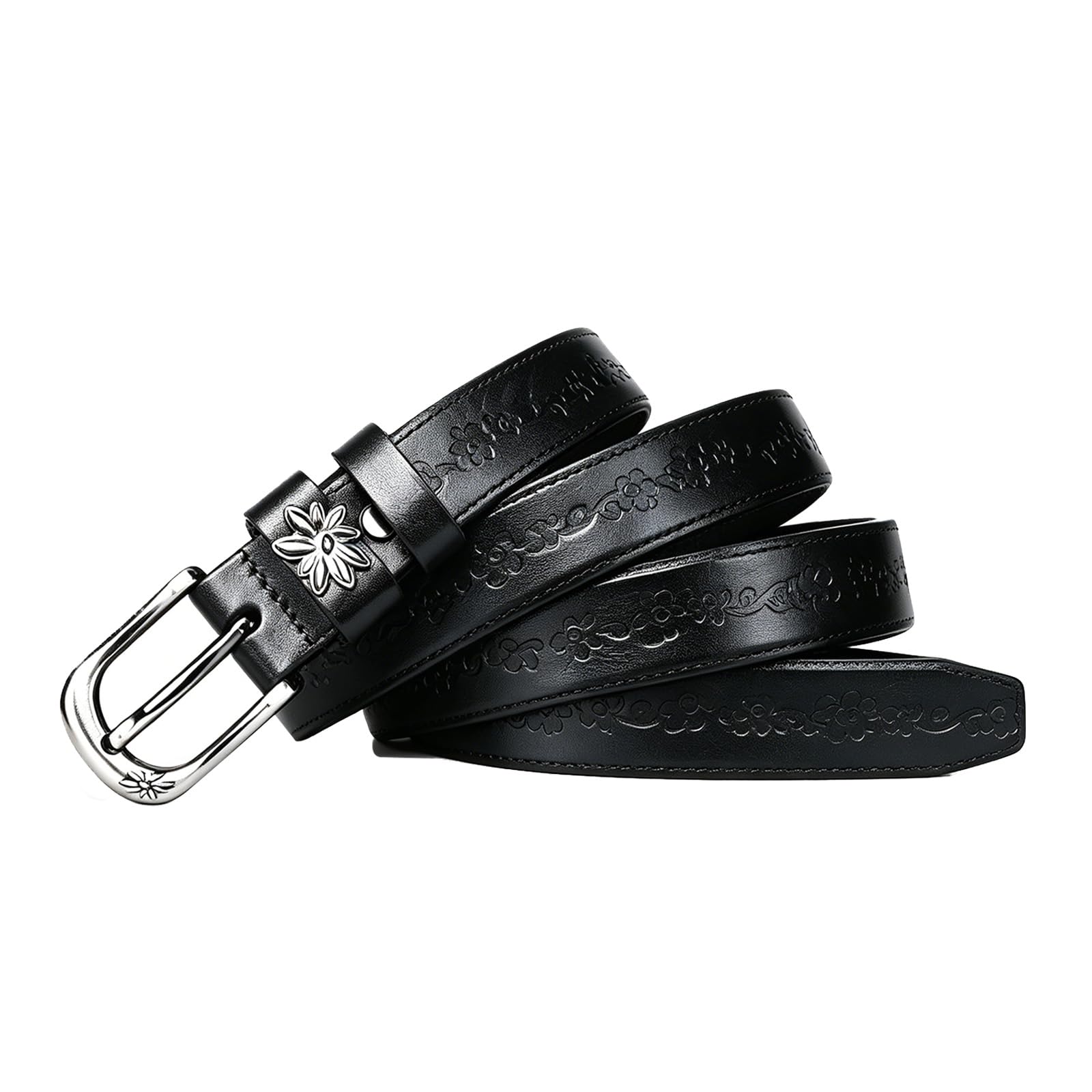 JIARY Womens Genuine Leather Belt, Floral Embossed Casual Belt,Vintage Decorative Fashion Belt for Jeans,Black,105CM/41.3''
