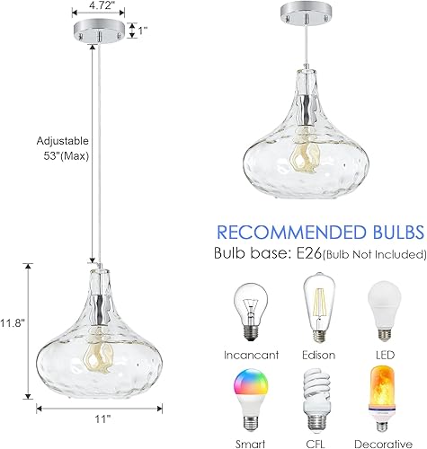 Miniatura 8 de KOKAiZeeKi Lámpara Colgante de Vidrio Vintage de Granja con Pantalla Martillada Soplada a Mano - Cable Colgante Ajustable para Isla de Cocina,