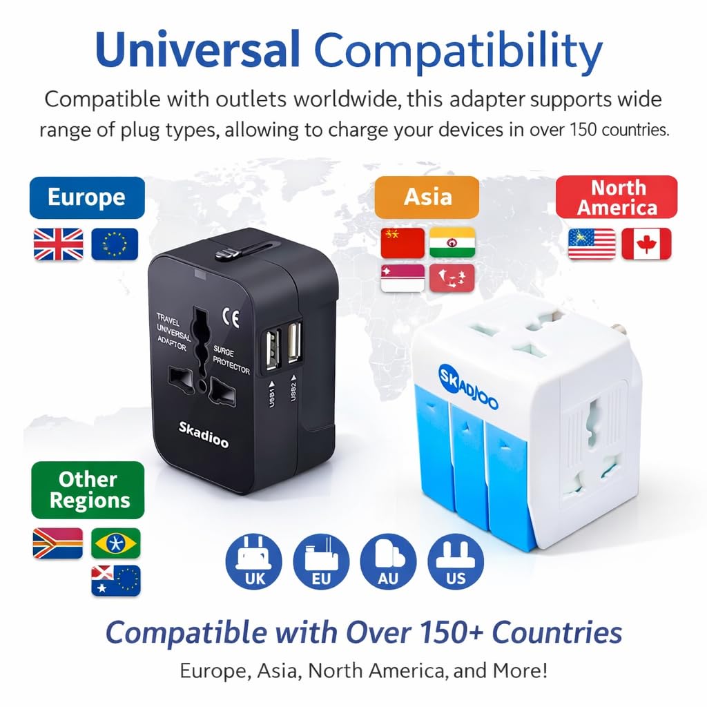 SKADIOO Universal Charger Adapter | 2 Years Warranty, 240V, 3-in-1 | Universal Travel Adapter All in One, International Travel Adapter, Multi Plug Adapter (2 USB Port - Black, White & Blue) 2