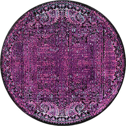 Image of Unique Loom Imperial Collection Paisley, Distressed, Border, Vintage, Modern, Abstract Area Rug (3' 3 x 3' 3 Round, Lilac /Black)