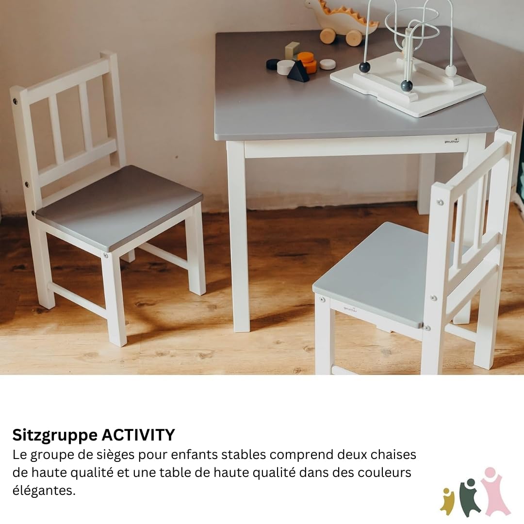 Grupo de asientos Geuther ACTIVITY | Juego con mesa de madera y 2 sillas para niños | Mesa para niños con sillas de madera | Diseño moderno | Altura ideal para niños | Gris/Blanco