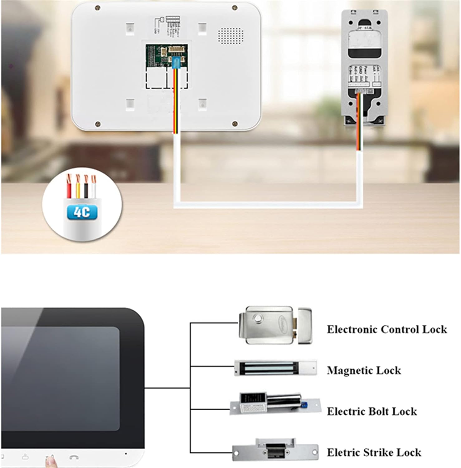 Diagram showing 4-wire connection and various lock types