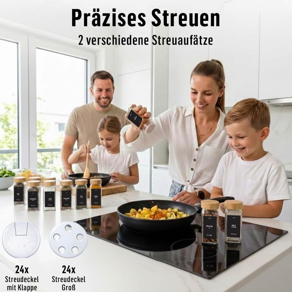 Deco Haus® Gewürzgläser eckig mit Holzdeckel 24er Set [+ Etiketten & Streueinsatz] - Gewürzdosen Set Glas - Gewürzbehälter Spice Jars - Aufbewahrung - Behälter für Gewürze - Gewürzaufbewahrung