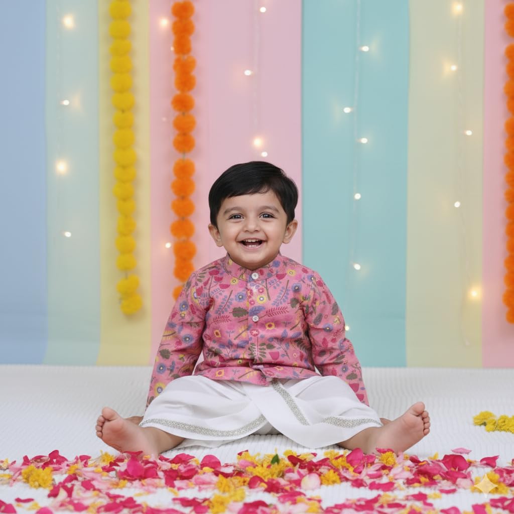 COTTON CUDDLE Traditional Angrakha Kurta with Dhoti Set for Baby Boys, (Dark Pink, 1-2 Year) - Image 3 thumbnail