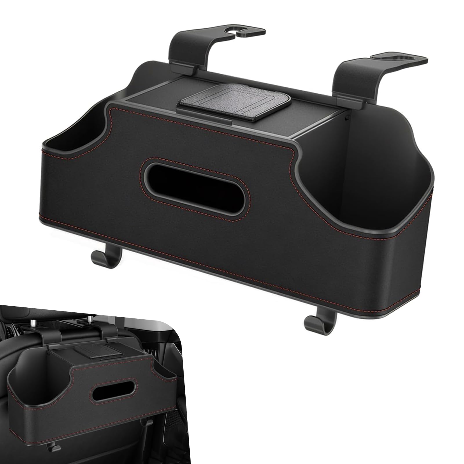 1 PC Backseat Organizer with Dual Cup Holder, Multi-function Tissue Hanging Box and 2 Hooks, Extra Rear Seat Road Trip Storage Accessories, Universal for Most Cars, Trucks, SUVs (Black)