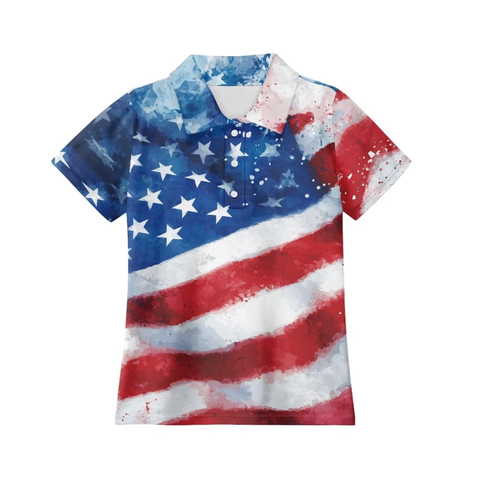 Frymappies Girls American Flag Collared Button Up Golf Shirts 7-8 USA Flag Short Sleeve Golf Outfits for Summer Sport Little Girls Quickly Dry Breathable Athletic Tennis Shirt Activewear