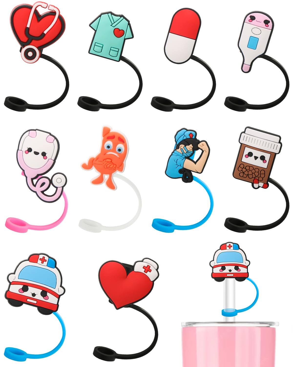 10 Pcs Silicone Straw Cover Cap for Reusable Straws, Cute Straw Toppers for Tumblers, Dust-Proof Straw Tip Covers Straw Plug for 0.27-0.35 Inches Straw Gifts for Nurse (Nurse Theme)