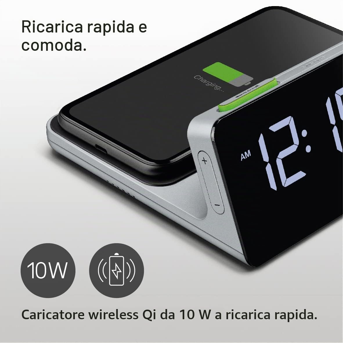 Braun Sveglia digitale display LCD VA, Base per ricarica rapida Qi Wireless 10W, Regolazione automatica della retroilluminazione, Sveglia con segnale acustico, grigio, modello BC21GEU.