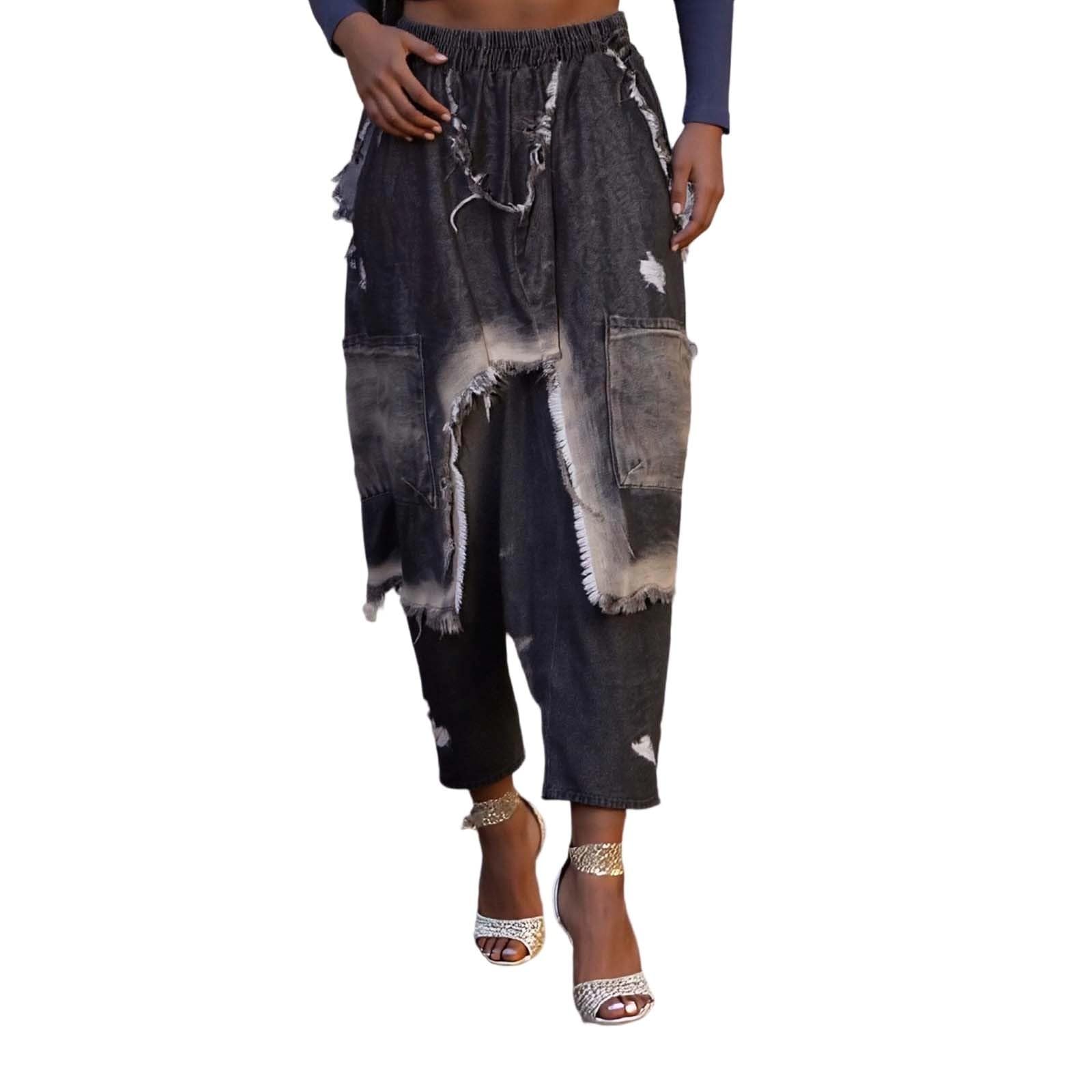 Destroyed - Pantalones vaqueros de pierna ancha para mujer, pantalones vaqueros holgados de verano, aspecto usado, pantalones harén, pierna ancha, hippie, pantalones vaqueros informales