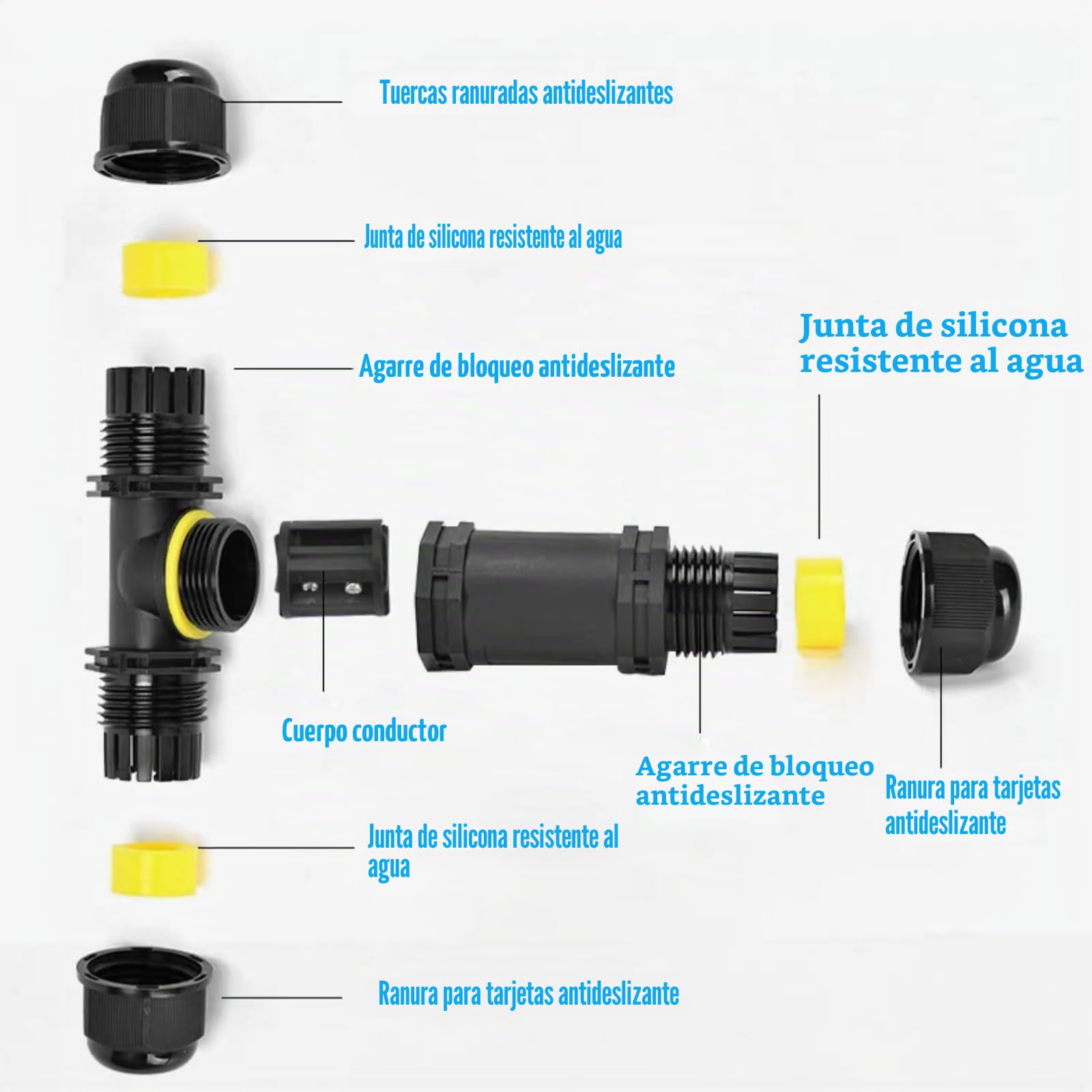 5 conectores de cable resistentes al agua: conector de cable IP68 en forma de T, manguito de 3 pines de 12 mm, caja de derivación