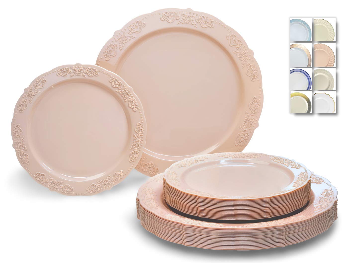 " OCCASIONS " 50 Plates Pack (25 Guests) Vintage Wedding Party Disposable Plastic Plate Set -25x10.25'' Dinner +25x7.5'' Salad/Dessert plates (Portofino in Blush/Antique Rose)
