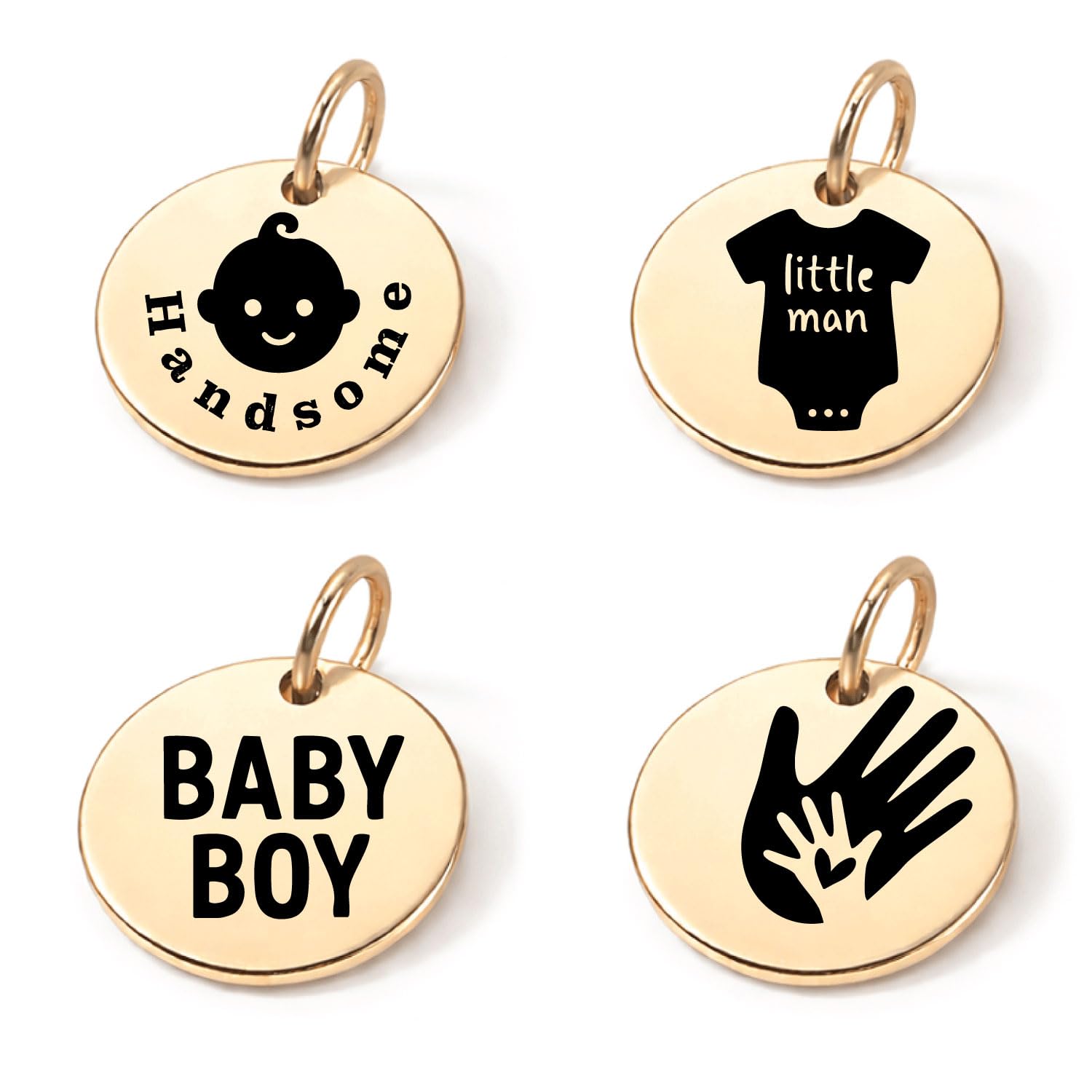 SM Design Pregnancy & New Baby Charm Set  Set of 4 Meaningful Stainless Steel Charms  Great for Crafting, Making Bracelets and Necklaces - Meaningful Keepsake Charms for Expecting & New Moms Gold Baby Boy