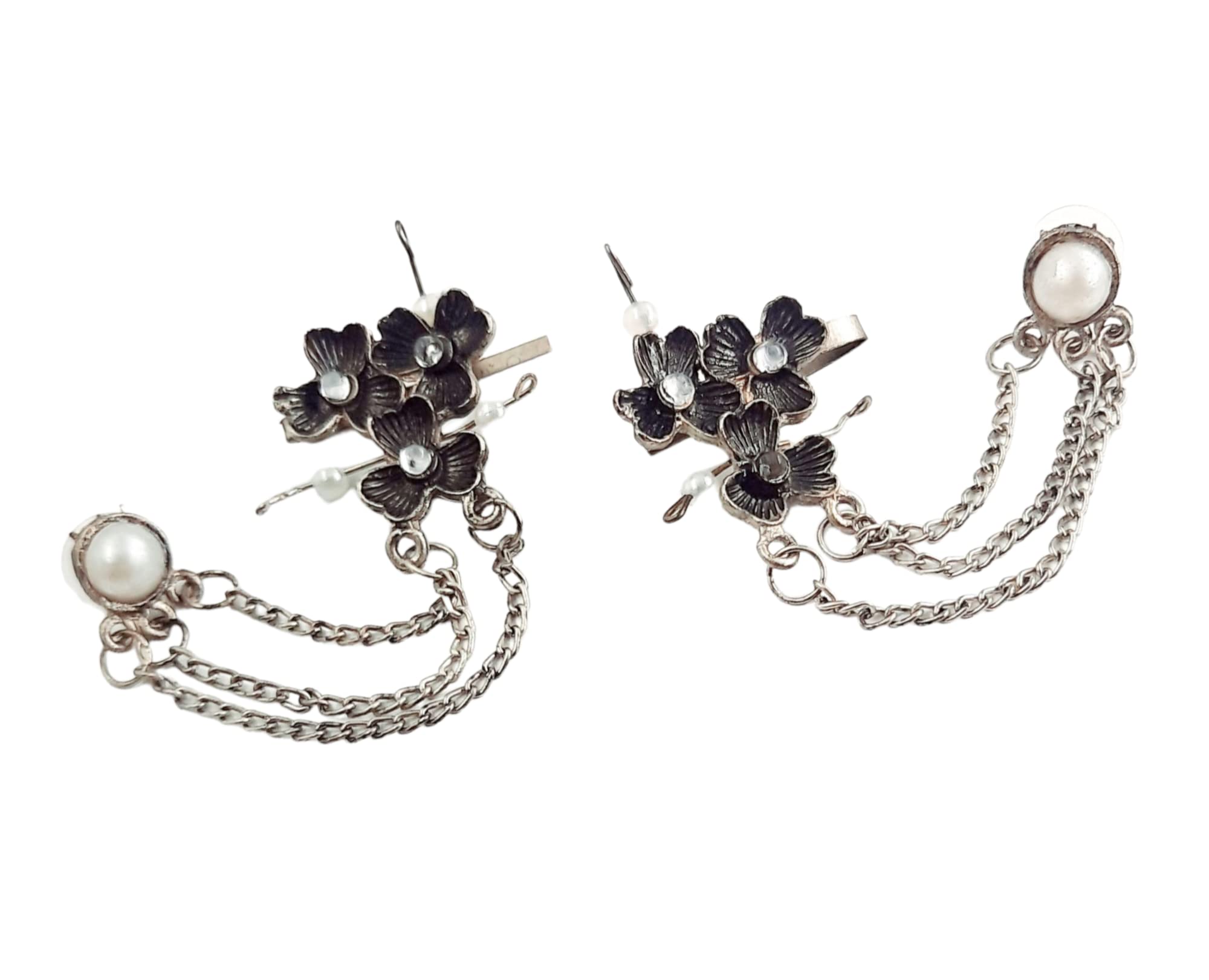 JustIn Jewellery Oxidized Silver White Pearl Engraved Trendy Silver Look Alike Antique Pearl Stud with Chain Floral Ear Cuff Earrings For Girls & Women (B0BRD7V9TQ) Amazon Price History, Amazon Price Tracker