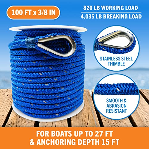Image of Better Boat Premium Anchor Rope, 100 Ft Double Braided White Nylon Marine | Line, Reflective 3 /8 Inch Reel for Anchors and Boats, Royal Blue