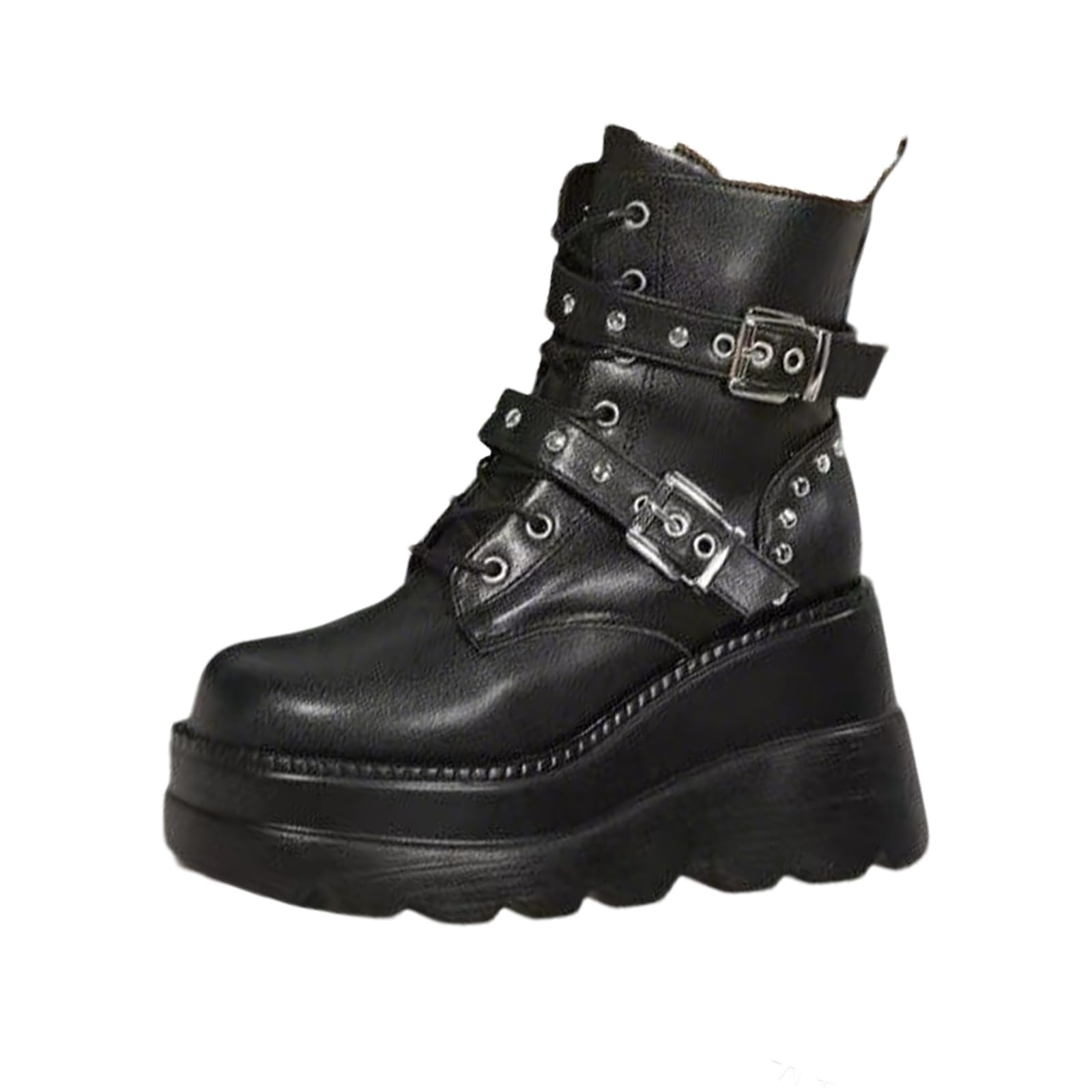 ZQW Chunky Wedge Heels for Women Thick Platform Lace Up Ankle Strap Adjustable Buckle High Top Punk Metal