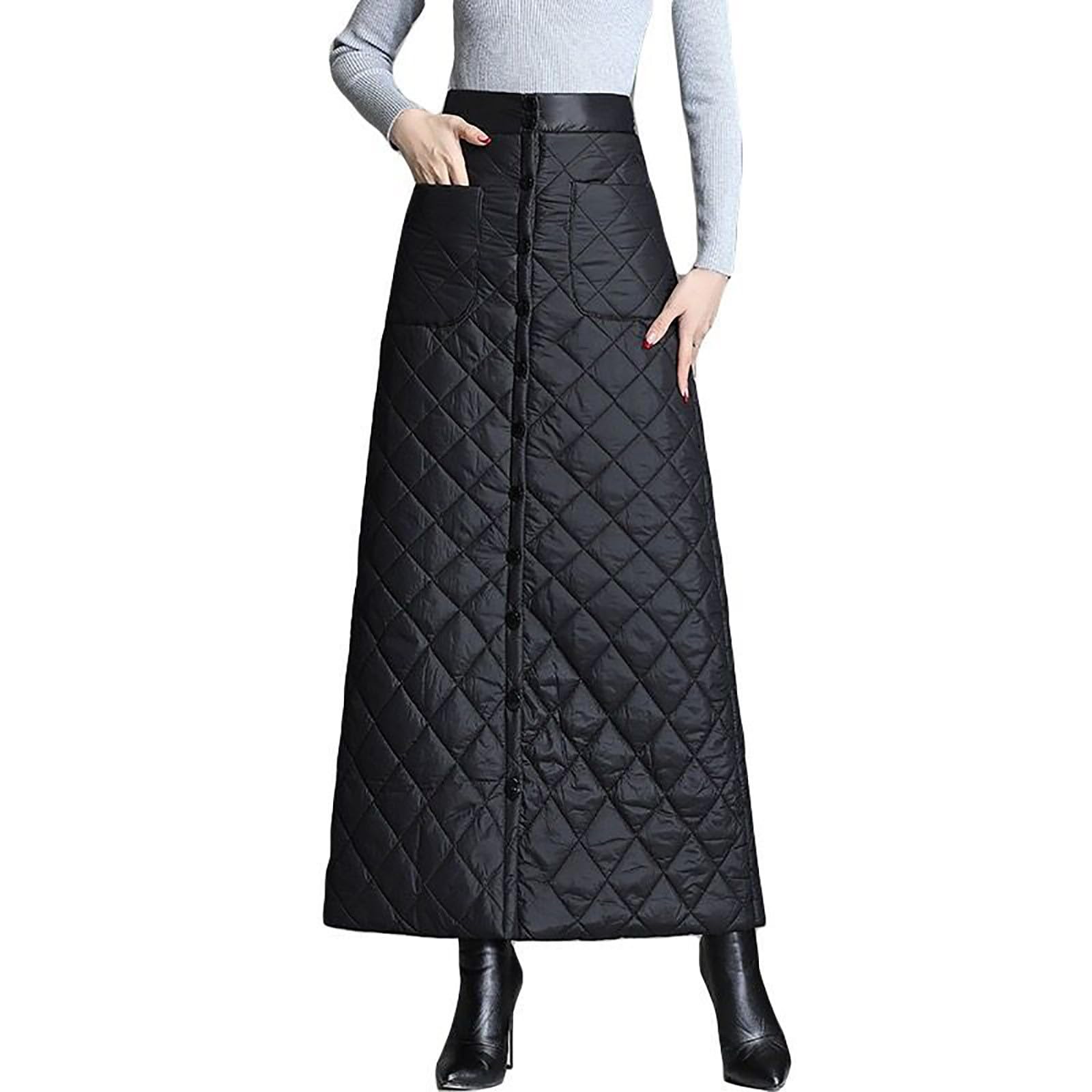 Womens Insulated Down Skirt Winter Warm Button Down Padded Puffer Plus Size Solid Quilted Skirt with Pockets