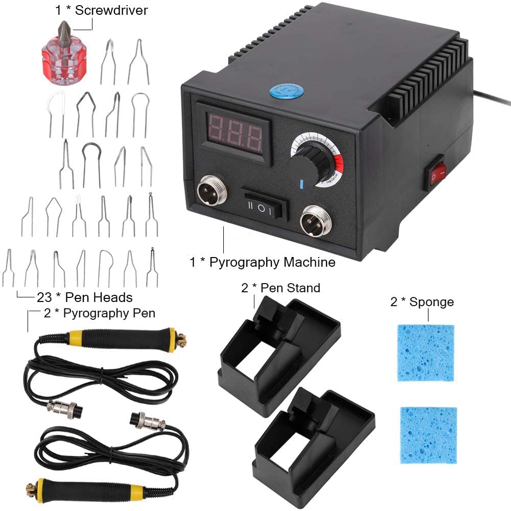 Macchina per pirografia, 60 W, set di bruciatori a legna LCD, 0-750 °C, per legno, pelle, zucca, 2 penne e 33 punte di filo