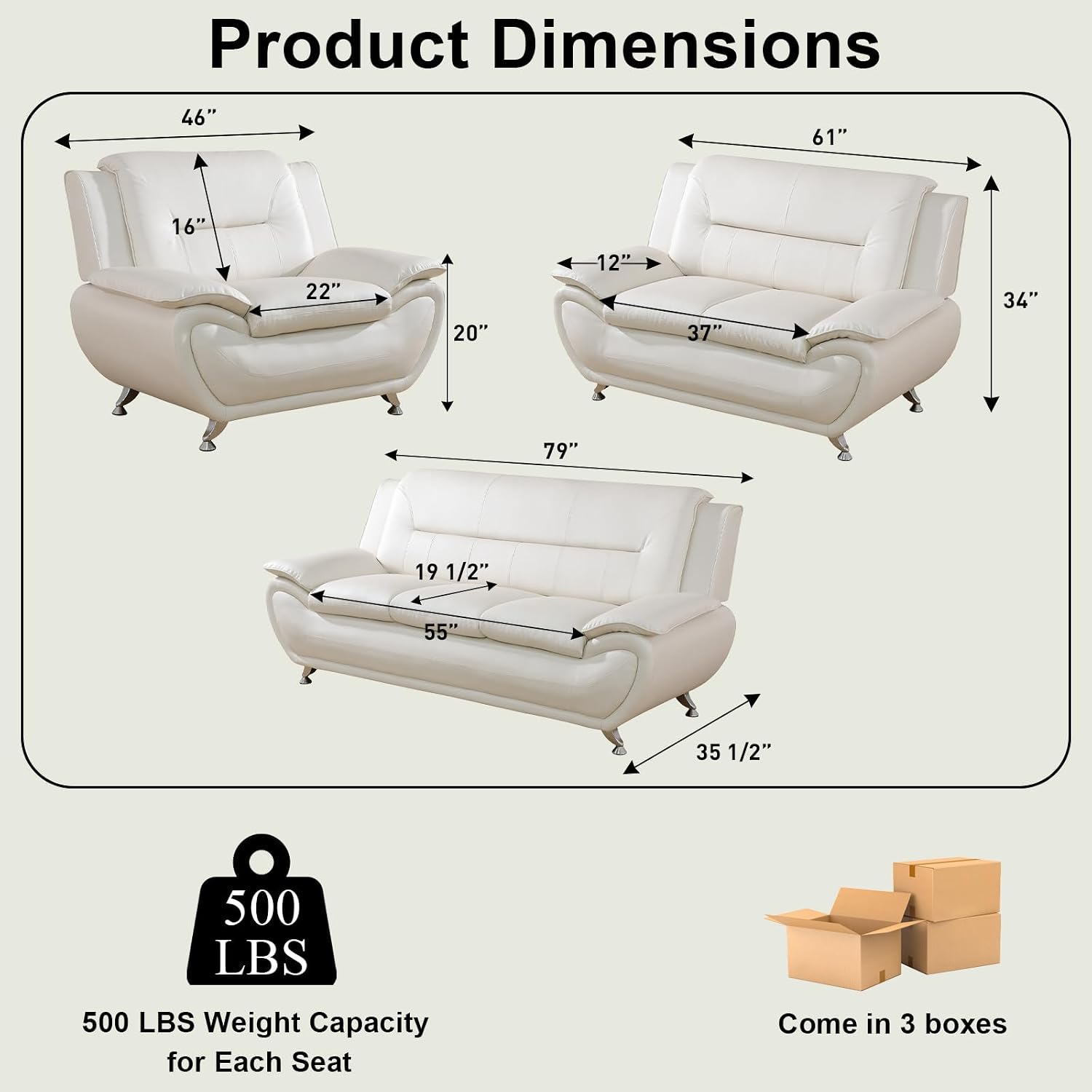 Faux Leather Couch Set, 3 Piece Living Room Furniture, Sofa Loveseat Chair, Modern Seatingfor Apartment, Office, Reception, White