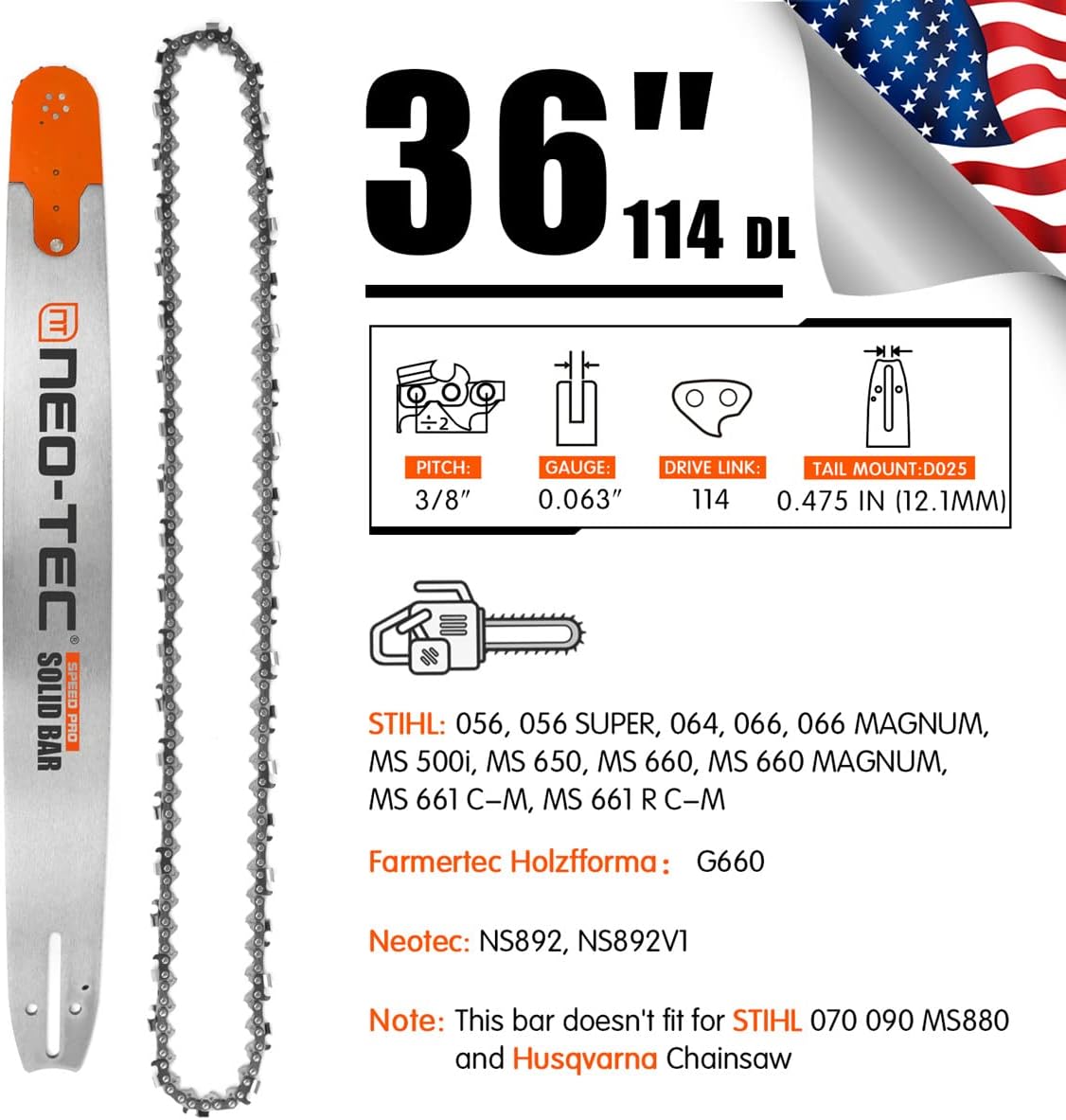 NEO-TEC 36 Inch Chainsaw Guide Bar Chain Combo 3/8 Chain Pitch 0.063 Gauge 114 Drive Links Fit for Stihl MS660 NS892 G660 MS661 MS360 MS361 MS291 MS440 MS441 MS460 MS461 MS391 for Oregon 92cc 120cc