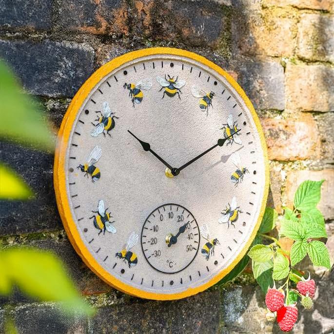 Garden Mile Yellow 30cm Bee Outdoor Clock and Thermometer for Garden Durable Weatherproof Large Round Wall Clock Fence Decoration Bee Clocks for Garden, Kitchen, Livingroom and Patio
