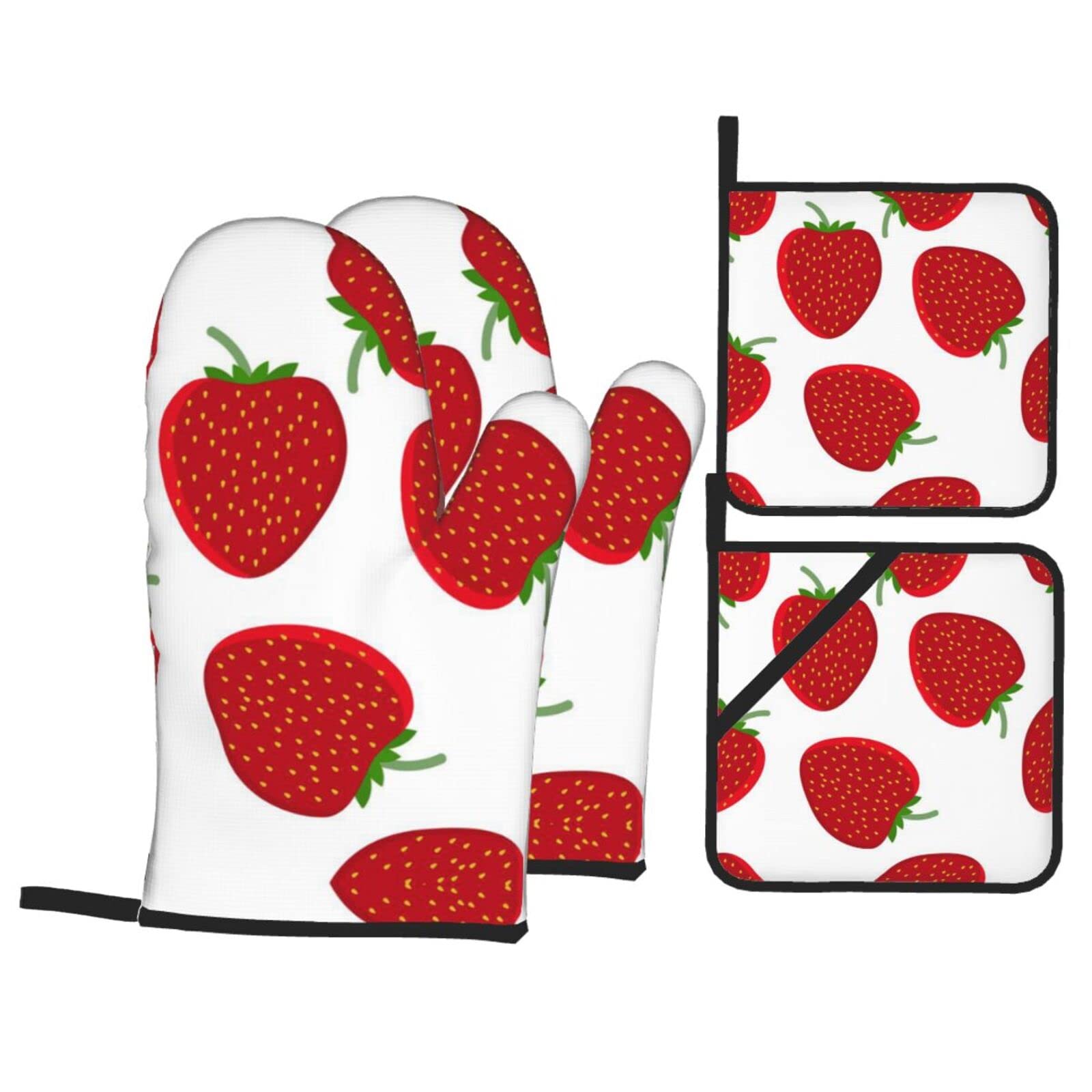 Strawberry Oven Mitt and Pot Holder 4-Piece Set for Kitchen, Outdoor Grill, Baking