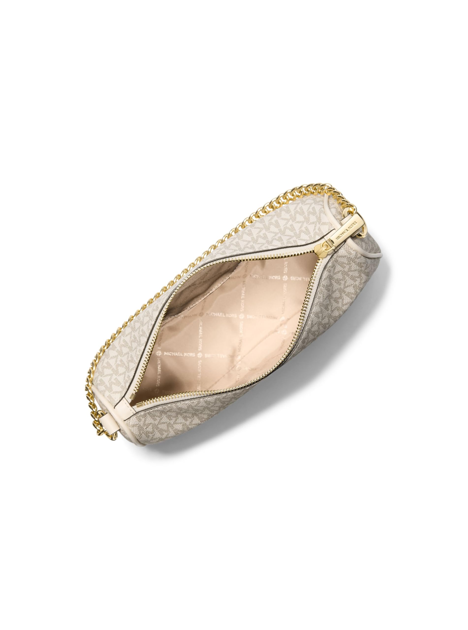 Michael Kors Carmela - Bolso cruzado convertible mediano para mujer, accesorios en tono dorado/firma MK / crema claro