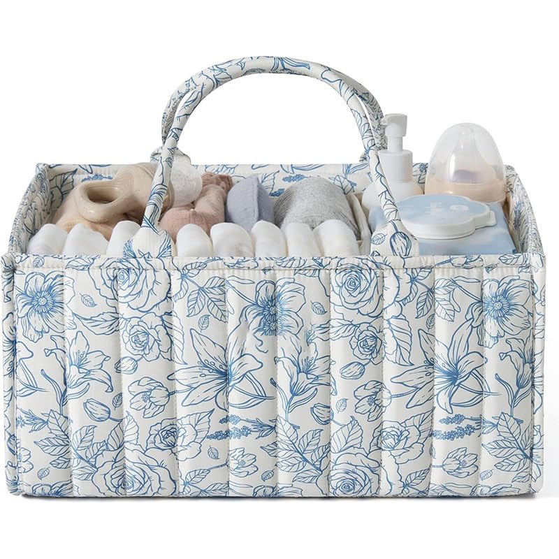 Hiphiprun Baby Diaper Caddy | Newborn Essentials Organizer for Diaper Changing Station (Blue Flowers)