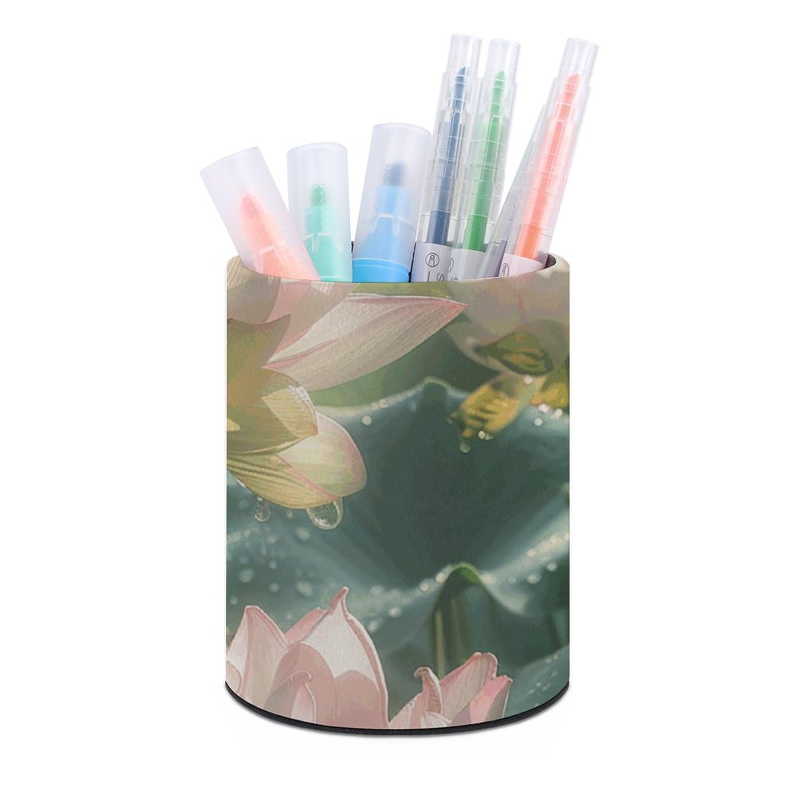 KLOPH PU Leather Pen Holder for Desk, Aesthetic Pencil Cup for Desktop, Makeup Brush Srotage for Pens Organizer Office Supplies, Surrounded by Leaves Pen Cup Pencil Caddy for Home Art Supply