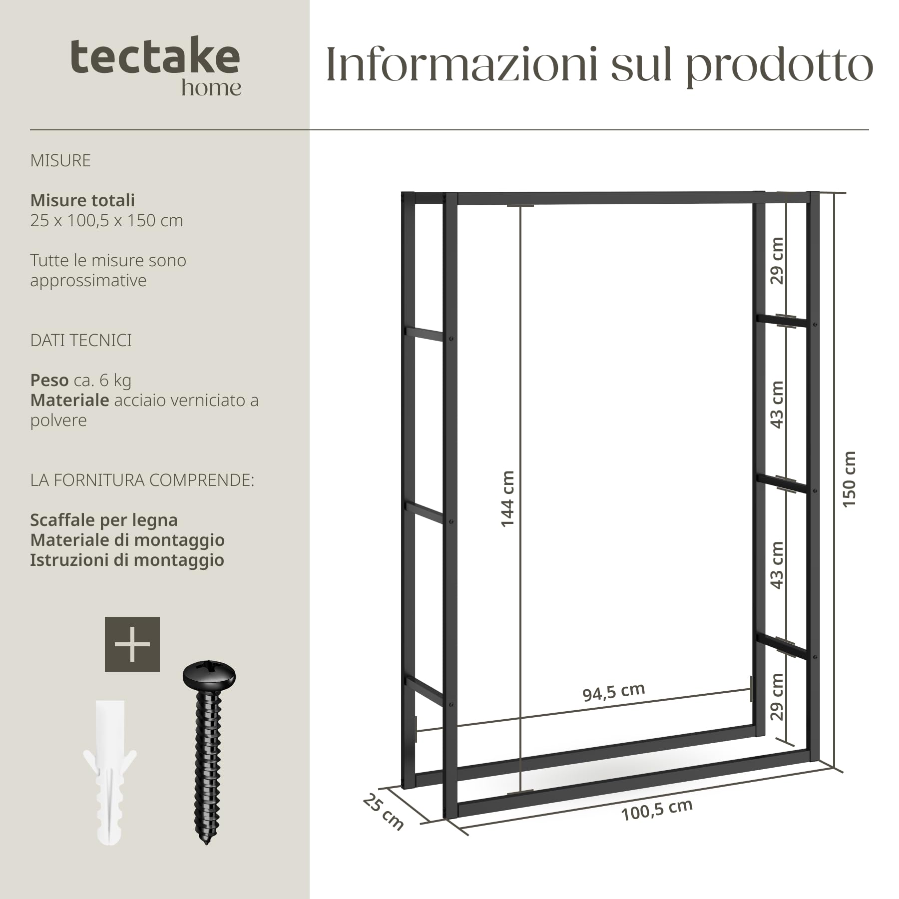 Tectake Scaffalatura Porta Legna Acciaio Verniciato Polvere 100,5x25x150 cm Nero