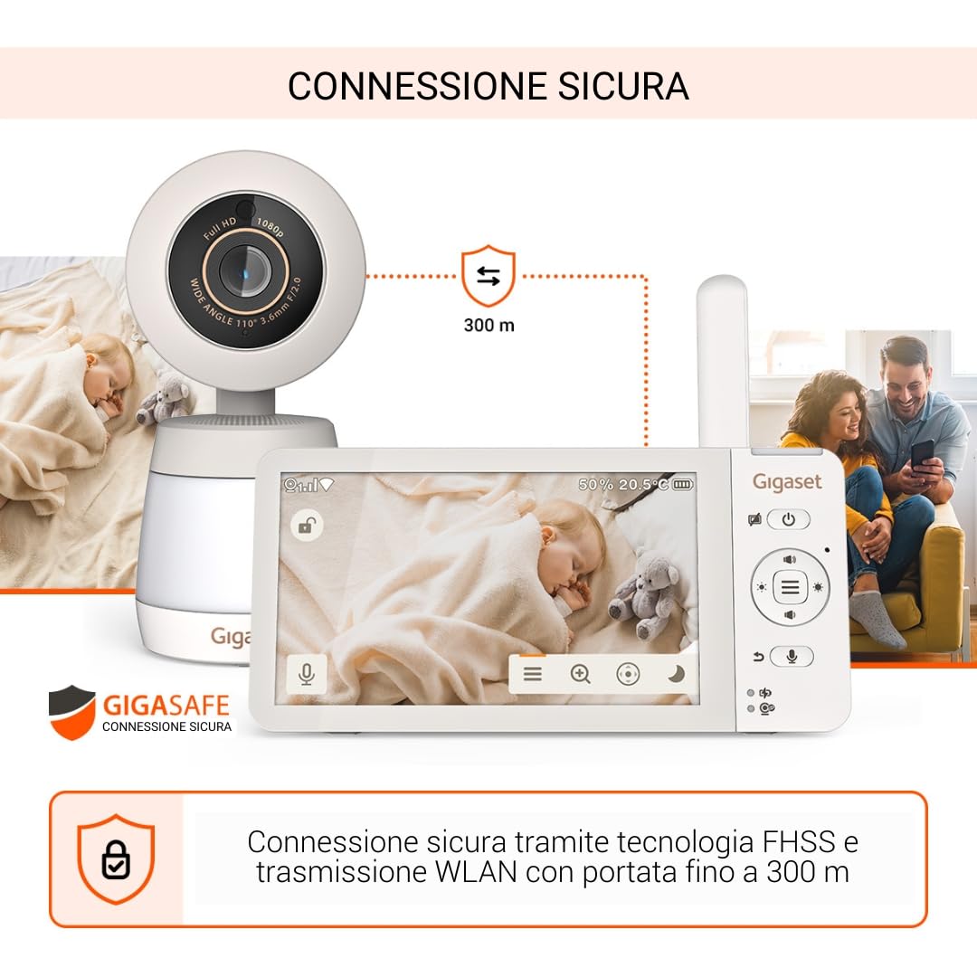 Gigaset BABY 700 Connected – Videocamera per bambini con touchscreen Full HD da 5,5" – Trasmissione sicura FHSS e WLAN–lunga durata della batteria-con app, Cream White/Warm [Versione Italiana]