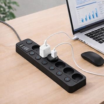 6’lı Ayrı Anahtarlı Akım Korumalı Priz, 3680W 16A Çoklu Priz, 2 USB-A + 2 Type-C, 2 Metre Kablolu, Topraklı, Ev Ofis Masaüstü Kullanım İçin