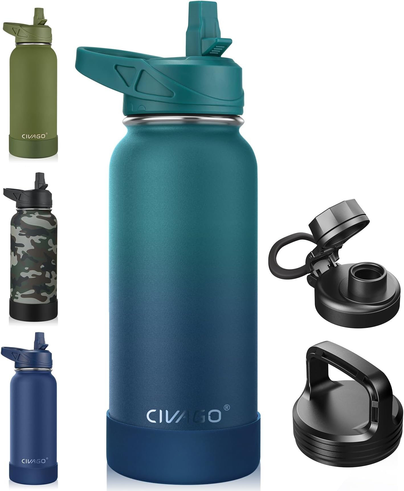 CIVAGO 32 oz Insulated Water Bottle With Straw, Stainless Steel Sports Water Cup Flask with 3 Lids (Straw, Spout and Handle Lid), Wide Mouth Travel Thermal Mug, Dark Night