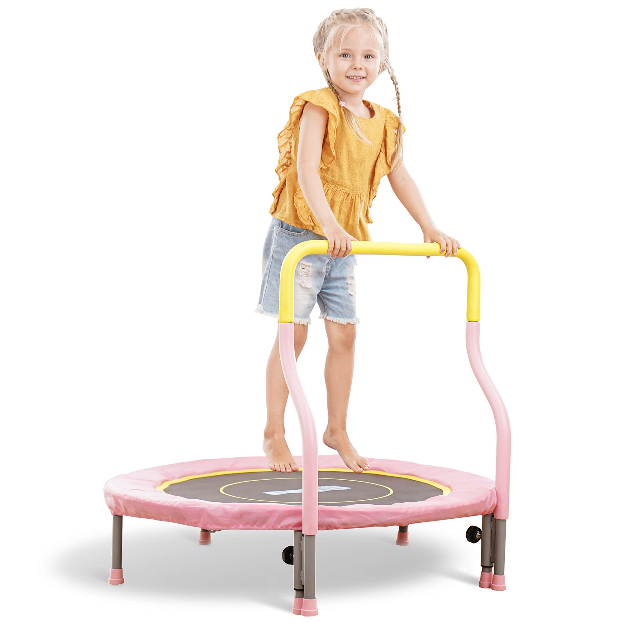 Photo 1 of **not packaged**
Pelpo 36"/38" Mini Trampoline for Kids with Foam Handle, Toddler Trampoline with Silent Resistance Band, Small Indoor Trampoline for Toddlers Age 2-8, Safe Exercise Trampoline to Burn off Energy, Max Load 155 LBS 38 Pink and Yellow